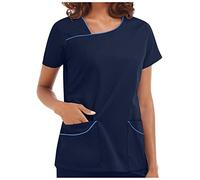 Women's T-Shirt Short Sleeve Summer Tops with Pockets Tunic Uniform for Women UK Beauty Hairdressing Massage Therapist Spa Health Work Protective Clothing Tops A-Navy