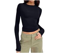 Womens T Shirt Slim Fit Crop Tops Summer Tees Casual Solid Color Crew Neck Long Sleeve Tight Basic Y2K Streetwear Blouse Tee Fashion Ladies Sexy Tops UK Plus Size Sale Tunic Black