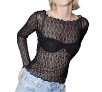 Women's T Shirt Top Lace stitching Long Sleeve Top Sheer Mesh Cropped Top Floral Slim Lined Base Layer Street Wear short base autumn Undershirts Black