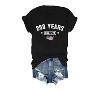 Women's T-Shirt V-Neck Printed Tee Shirt | Straight Cut Short Sleeves, Text 250 Years and East. 1776", Stars, USA Map and Illustrated Flag | Celebration, Event, Casual Style, #01-black, XXL