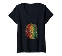 Womens T-Shirt Vintage Reggae Jamaica Rastafari Lion V-Neck T-Shirt