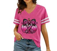 Women's T-Shirt with Breast Cancer Awareness Motif - V-Neck Shirt with Pumpkin and Bow | Sporty Top to Support in October, Style_x01 Hot Pink, S