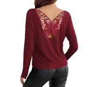 Women's T-Shirt with Butterfly Neck on the Back Lace Blouse Long Sleeve Vintage Style Disco Plain Rave Party Comfortable Soft Fashion Club Mesh Top for Party Cocktail