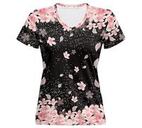 Women's T-Shirt with Cherry Blossom Motif, V-Neck Shirt with Floral All-Over Print, Summer Top with Falling Petals, style_l01 pink, XL