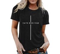 Women's T-Shirt with Christian Saying Faith Over Fear - Minimalist Top with Cross Symbolism | Faith & Hope Statement Shirt, style_u03 black, L