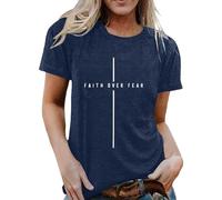 Women's T-Shirt with Christian Saying Faith Over Fear - Minimalist Top with Cross Symbolism | Faith & Hope Statement Shirt, style_u04 blue, L