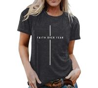 Women's T-Shirt with Christian Saying Faith Over Fear - Minimalist Top with Cross Symbolism | Faith & Hope Statement Shirt, style_u06 grey, L