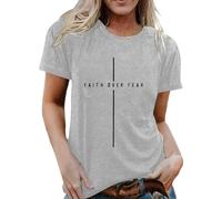 Women's T-Shirt with Christian Saying Faith Over Fear - Minimalist Top with Cross Symbolism | Faith & Hope Statement Shirt, style_u07 gray, L