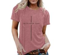 Women's T-Shirt with Christian Saying Faith Over Fear - Minimalist Top with Cross Symbolism | Faith & Hope Statement Shirt, style_u09 pink, L