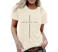 Women's T-Shirt with Christian Saying Faith Over Fear - Minimalist Top with Cross Symbolism | Faith & Hope Statement Shirt, style_u02 beige, L