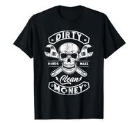 Women's T-Shirt with Craftsman Saying and Skull - Graphic Shirt 'Dirty Hands Make Clean Money' | Biker and Mechanic Style Top, style_u01 black, L