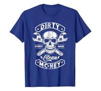 Women's T-Shirt with Craftsman Saying and Skull - Graphic Shirt 'Dirty Hands Make Clean Money' | Biker and Mechanic Style Top, style_u02 blue, XXL