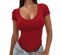 Women's T-Shirt with Deep V-Neck, Bodycon Short Sleeve Shirt in Basic Style, Elastic Top for Everyday Use, style_a02 red, L