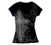 Women's T-Shirt with Detailed Dragon Graphic - Black Top with Filigree Mythical Creature Print Alternative Shirt for Fantasy and Gothic Style, style_a01 black, XL