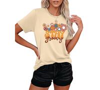 Women's T-shirt with floral design hippie 60s 70s t-shirt summer t-shirt tops stay groovy shirt, Beige-a, S