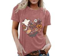 Women's T-Shirt with Heart Shaped Halloween Motif - Short Sleeve Shirt with Scary Collage | Casual Top for Autumn Season, style_e05 pink, M