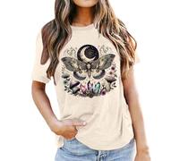 Women's T-Shirt with Mystical Eagle Moon All-Over Print - Short Sleeve Shirt in Cream with Celestial Graphic of Eagle, Moon Phases and Floral Elements | Boho Mystical Look for Everyday Use, Style_p01