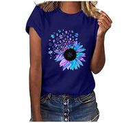 Women's T-Shirts 2026 Fashion Musical Note Print Short Sleeve Tops Cute Round Neck Basic Tees Summer Comfy Vacation Clothes, Z03-Blue-Daisy Print, L
