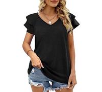 Womens T-Shirts Blouse V Neck Ruffle Sleeve Summer Tops Women's Flutter Sleeve Basic T-Shirt Summer Casual Tops Elegant Blouse V Neck Double Layer Ruffle Short Sleeve Tops Tops Shirt Tunic S-XXL