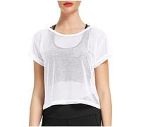 Women's T-Shirts Crew Neck Sheer Mesh Soft Short Sleeve Solid Colour Crop Top Net T-Shirt Silver Top, White, S