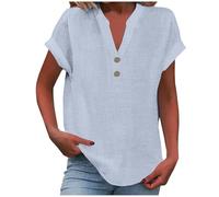 Womens t Shirts, Ladies Tops 2025 Women's Summer Cotton Linen Cap Sleeve T-Shirt Button V Neck Tunic Top Fashion Baggy Solid Plain Casual Shirts Trendy Blouse Light Sky Blue
