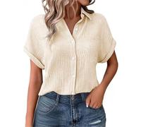 Women's t-Shirts Linen Summer Short Sleeve Shirt Jacquard Solid Button Down Office Work Blouse Casual Breathable Elegant Tunic Tops Fashion V Neck Lightweight Plain Going Out Tees Ladies Shirts Beige