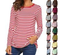 Womens T-Shirts Long Sleeve Tops UK Ladies Round Neck Casual Shirts Comfy Soft Tees Striped Black White Blouse Navy Crewneck Cotton Topstunic Fashion Autumn Winter Clothes S-XXL XXL XS
