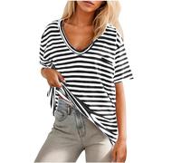 Women's T-Shirts Oversized Striped Color Block Tshirts Trendy Short Sleeve V Neck Loose Fit Blouses Drop Shoulder Lightweight T Shirts Going Out Workout Baggy T-Shirt Top