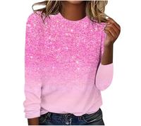 Women's T-Shirts Round Neck Long Sleeve Top Sequin Printed Tops for Women Casual Spring Summer Tees Sequined Graphic Tshirts Loose Elegant Tunic Blouses Trendy Party Club Shirts UK Size 8-18 Hot Pink