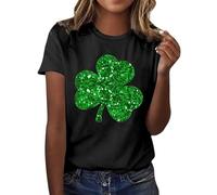 Women's T-Shirts ST. Patricks Day Short Sleeve Crewneck Green Top Irish Clover Shamrock Gnomes Sequins Festival Casual T-Shirt Ladies Funny Tops Outfit (Z0c7-Black, L)