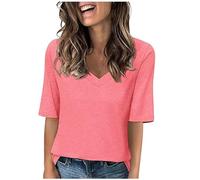 Womens T Shirts Summer Casual V Neck Half Sleeve Tops Loose Basic Tshirts Summer Solid Color 1/2 Sleeve Tunic Tee Shirts Comfy Fit Plain Sport Blouses Ladies Blouses Going Out Tops Daily Wear