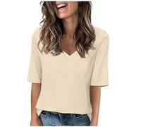 Womens T Shirts Summer Casual V Neck Half Sleeve Tops Loose Basic Tshirts Summer Solid Color 1/2 Sleeve Tunic Tee Shirts Comfy Fit Plain Sport Blouses Ladies Blouses Going Out Tops Daily Wear