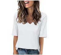 Womens T Shirts Summer Casual V Neck Half Sleeve Tops Loose Basic Tshirts Summer Solid Color 1/2 Sleeve Tunic Tee Shirts Comfy Fit Plain Sport Blouses Ladies Blouses Going Out Tops Daily Wear