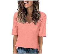 Womens T Shirts Summer Casual V Neck Half Sleeve Tops Loose Basic Tshirts Summer Solid Color 1/2 Sleeve Tunic Tee Shirts Comfy Fit Plain Sport Blouses Ladies Blouses Going Out Tops Daily Wear