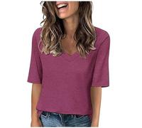 Womens T Shirts Summer Casual V Neck Half Sleeve Tops Loose Basic Tshirts Summer Solid Color 1/2 Sleeve Tunic Tee Shirts Comfy Fit Plain Sport Blouses Ladies Blouses Going Out Tops Daily Wear