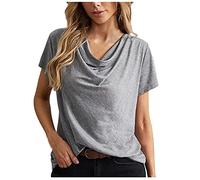 Women's T Shirts Summer Loose Cowl Neck Tunic Tops Elegant Ruched Stretch Short Sleeve Blouse Solid Color Shirt Top