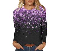 Womens T Shirts Tops Christmas Funny Graphic Print UK 3/4 Sleeve Tunic Crew Neck Ladies Festive Party Shirts Tee Vintage Loose Fit Casual Classic Comfortable Pullover Blouses Winter Sweatshirt