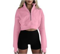 Women's t-Shirts Women's Half Zip Pullover Cropped Sweatshirts Long Sleeve Shirts with Thumbhole Solid Color Sports Gym Running Crop Tops Stand Collar Jacket Sportswear Ladies Blouses Pink