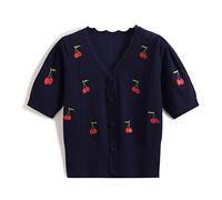 Women'S T-Shirts, Women'S Summer Knitted T-Shirts Beige V-Neck Hollow Cherry Fruit Embroidered Button Cardigan Crop Tops Sexy Charm Short Sleeve Tees Shirt Casual Y2K Thin T Shirts Tops,Navy Blue