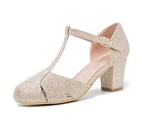 Women's T-Strap Block Heel Pumps, Ankle Buckle Closure, Classic Cut Out Round Toe Dress Shoes, Glitter Champagne Gold, 3 UK