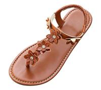Women's T-Strap Flat Sandals with Rhinestone Flowers Bohemian Elastic Back Summer Beach Holiday Casual Elegant Shoes Coffee