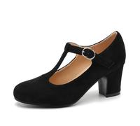 Women's T Strap Mary Jane Chunky Heel Low Block Pumps Round Toe Dress Office Work Shoes, Black Suede, 4.5 UK