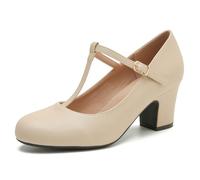 Women's T-Strap Mary Jane Pumps Closed Toe Low Block Chunky Heels Ankle Strap Wedding Business Dressy Evening Party Shoes Nude Matte 11.5