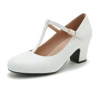 Women's T-Strap Mary Jane Pumps Closed Toe Low Block Chunky Heels Ankle Strap Wedding Business Dressy Evening Party Shoes White Matte 11
