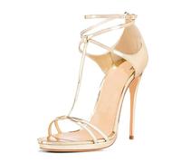 Womens T-Strap Open Toe High Heel Sandals Fashion Bright Patent Leather Cross Straps Stiletto Heel Sandals Elegant Summer Party Wedding Dress Shoes,Light Gold,11 UK