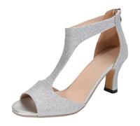 Women's t Strap Open Toe Kitten Heel Sandals with Back Zip Closure Heels Dress Shoes Cutout Pump Shoes Dressy Summer Sandals UK Size 5.5 03_Glitter Silver