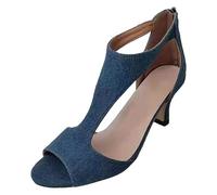 Women's t Strap Open Toe Kitten Heel Sandals with Back Zip Closure Heels Dress Shoes Cutout Pump Shoes Dressy Summer Sandals UK Size 7 Denim Blue