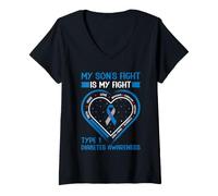 Women's T1D Mom Dad My Son's Fight Type 1 Diabetes Awareness Month V-Neck T-Shirt