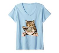 Women's Tabby Cat Eating Ramen Noodles Japanese Cherry Blossom Cat V-Neck T-Shirt