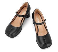 Women's Tabi Shoes Black Mary Janes Split Toe Chunky Block High Heels Ankle Strap Comfort Dress Work School Pumps, Black Pu, 8 UK
